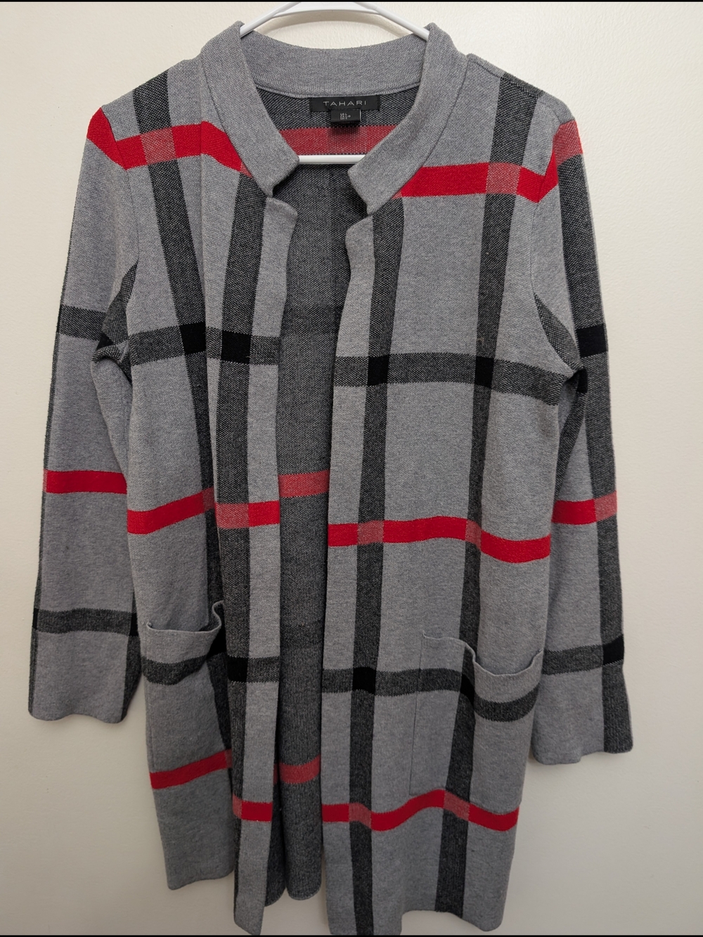Tahari Gray Plaid Open-Front Coatigan with Red Stripe Detail Size Large